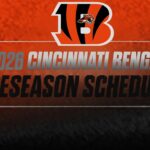 Cincinnati Bengals 2026 preseason schedule graphic with team logo on orange-black background.