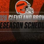 Graphic announcing the 2026 Cleveland Browns preseason schedule with a Browns helmet logo at the top left.