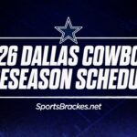 Dallas Cowboys 2026 preseason schedule graphic with a white curved border, dark blue background, and a white star above the text. Includes the site name SportsBrackets.net at the bottom.
