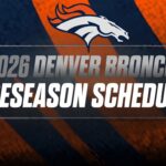 Graphic announcing the Denver Broncos' 2026 preseason schedule with the team logo and orange/navy background.