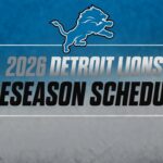 Detroit Lions 2026 preseason schedule graphic with lion logo on blue gradient background.