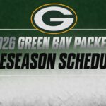 Green Bay Packers 2026 preseason schedule graphic with team logo and bold text on a green-to-white gradient background.
