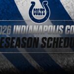 Colts logo above a banner reading '2026 INDIANAPOLIS COLTS PRESEASON SCHEDULE' on a blue-gray striped background