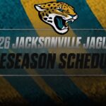 Banner showing '2026 Jacksonville Jaguars Preseason Schedule' with the Jaguars logo on a teal and gold striped background, indicating team schedule info.