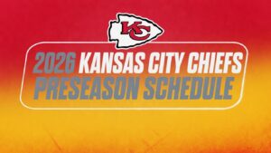 Graphic banner announcing the 2026 Kansas City Chiefs preseason schedule with the team logo on a red-to-yellow gradient background