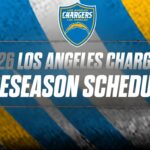 2026 Los Angeles Chargers preseason schedule banner with team logo and bold typography.