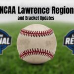Baseball on a grass field flanked by Lincoln Regional logos, with the title '2026 NCAA Lawrence Regional Live and Bracket Updates' at the top