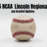 Baseball centered on a white backdrop with the headline '2026 NCAA Lincoln Regional Live and Bracket Updates' above; blurred logos on either side.