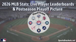 Circular playoff diagram with MLB team logos over a baseball field, titled '2026 MLB Stats: Live Player Leaderboards & Postseason Playoff Picture'.