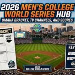 Collage advertising 2026 Men’s College World Series Hub: printable bracket on the left, TV guide board on the right, and a baseball field with a city skyline in the background.