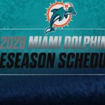 Miami Dolphins 2026 preseason schedule graphic with team logo against teal gradient background