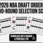 Graphic: 2026 NBA Draft Order and two-round schedule with sample selection cards and a Download PDF button.