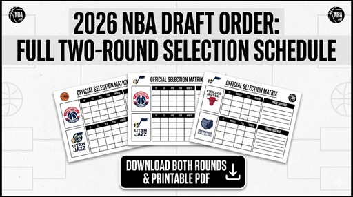 Graphic: 2026 NBA Draft Order and two-round schedule with sample selection cards and a Download PDF button.