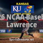 Kansas Jayhawks baseball pitcher on the mound during a 2026 NCAA game, stadium lights and crowd in the background.