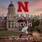 Baseball player in a red uniform runs on a dirt infield in front of a university building with '2016 NCAA Baseball Lincoln' text overlay.