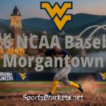 West Virginia Mountaineers baseball player running on the mound with a 2016 NCAA Baseball Morgantown overlay.