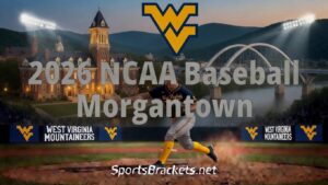 West Virginia Mountaineers baseball player running on the mound with a 2016 NCAA Baseball Morgantown overlay.