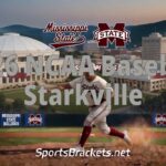 Mississippi State 2016 NCAA Baseball Starkville banner with a baserunner on the field and stadium backdrop in dusk lighting.