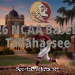 Florida State baseball player running on a dusty mound with campus buildings in the background and large overlaid text '2016 NCAA Baseball Tallahassee'.