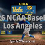 Baseball pitcher in a UCLA blue uniform on the mound at night, with oversized text reading '2026 NCAA Baseball Los Angeles' and UCLA banners in the background.