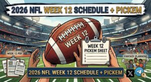 Illustrated stadium scene with a giant football, a clipboard labeled Week 12 Pickem Sheet, and banners reading 2026 NFL Week 12 Schedule + Pickem.