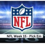 NFL logo centered on a brightly lit football stadium with the caption 'NFL Week 15 - Pick Em'