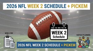 Promotional banner for 2026 NFL Week 2 Schedule + Pickem, featuring a central football, a 'Week 2 Schedule' calendar, and PDF plus fantasy planning icons.