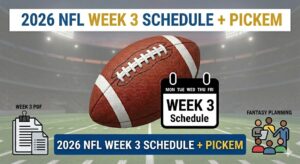 Banner announcing 2026 NFL Week 3 Schedule and Pick'em with a large football and calendar graphic on a stadium backdrop.