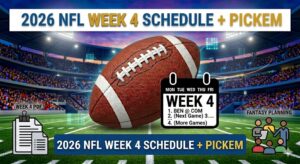 Infographic announcing 2026 NFL Week 4 Schedule and Pick’em with a football on a stadium field, plus PDF and fantasy planning icons.