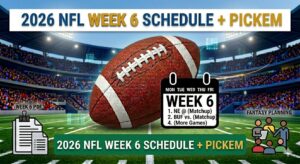 Promotional banner for 2026 NFL Week 6 Schedule + Pickem with a football on a stadium field and icons for PDF and fantasy planning.