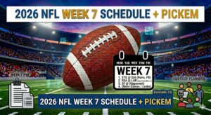 Promotional infographic for 2026 NFL Week 7 schedule and pick'em with a football on a stadium field and a small Week 7 calendar.
