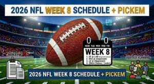 Promotional banner for 2026 NFL Week 8 Schedule + Pick’em, showing a football on a stadium field, a Week 8 calendar, and icons for a PDF schedule and fantasy planning.