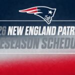 Patriots 2026 preseason schedule banner with team logo and bold text on a blue-to-red gradient background