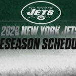 Jets logo above a banner that reads '2026 New York Jets Preseason Schedule' (informational graphic)
