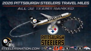 Promotional poster for 2026 Pittsburgh Steelers travel miles featuring a Steelers-branded plane and team logos around it.