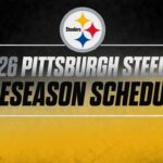 Graphic showing '2026 Pittsburgh Steelers Preseason Schedule' with the Steelers emblem above on a black-to-gold gradient background, conveying the team’s upcoming preseason dates.