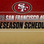 San Francisco 49ers 2026 preseason schedule banner with team logo on red-to-gold gradient background