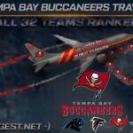 Aircraft with Buccaneers logo spraying red smoke, promoting 2026 Tampa Bay Buccaneers travel miles event and all 32 teams ranked.