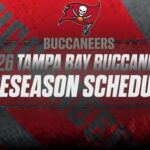 Graphic announcing the Tampa Bay Buccaneers' 2026 preseason schedule with team logo and bold text, red and gray background.