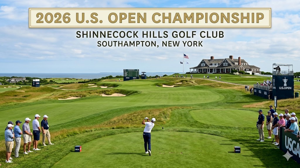Golfer tees off on a coastal green as spectators watch; banner reads'2026 U.S. OPEN CHAMPIONSHIP' above a clubhouse.