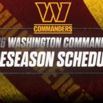 Washington Commanders 2026 preseason schedule banner with team logo on a red-yellow background