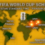 World map showing 2026 FIFA World Cup schedule locations, including Lahore, Karachi, and Islamabad on a yellow background.