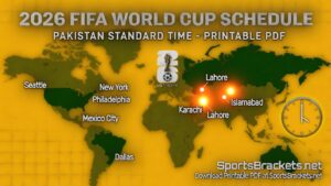 World map showing 2026 FIFA World Cup schedule locations, including Lahore, Karachi, and Islamabad on a yellow background.