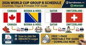 World Cup Group B banner with flags of Canada, Bosnia & Herzegovina, Qatar, and Switzerland and travel icons, promoting a printable PDF guide.