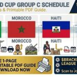 World Cup 2026 Group C schedule banner showing flags of Brazil, Morocco, Haiti, and Scotland with printable PDF guide offer.