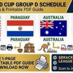Infographic showing World Cup Group D teams: USA, Paraguay, Australia, and Türkiye with their flags, travel icons, and a promo for a printable PDF guide.