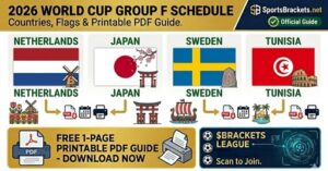 Infographic: 2026 World Cup Group F schedule with flag panels for Netherlands, Japan, Sweden, Tunisia and transport/venue icons.