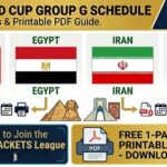 Banner for 2026 World Cup Group G schedule featuring Belgium, Egypt, Iran, and New Zealand flags with flow icons and a PDF download promo.