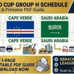 World Cup Group H schedule banner with flags: Spain, Cape Verde, Saudi Arabia, and Uruguay, plus download and bracket links.
