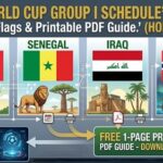 Infographic showing 2026 World Cup group schedule with France, Senegal, Iraq, and Norway cards, including flags and symbols and a 'PDF guide' download prompt.